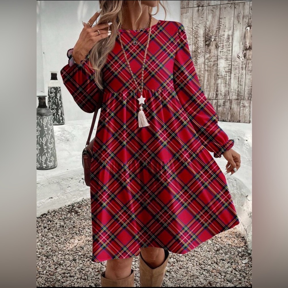 Plaid Red Long Sleeve Swing Dress